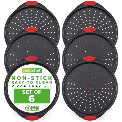Nutrichef Non-Stick Pizza Tray with Silicone Handles, 6-Pack Round Steel Non-Stick Pans with Perforated Holes, Premium Bakeware, Pizza Trays with Silicone and Oversized Handles, Dishwasher Safe - size: 6 Piece