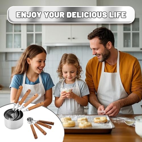 Premium Wood Handle Stainless Steel Measuring Cups and Spoons 8PCS - color: Silver8
