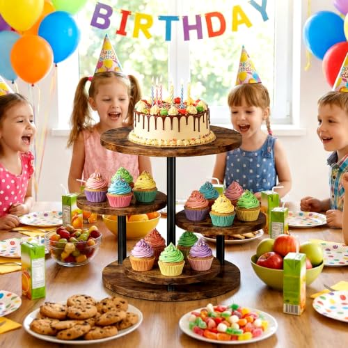 Cupcake Stand 4 Tier for 50 Cupcakes Wooden Cake Stand 360°Rotatable Dessert Stands Round Cookie Tiered Tray Stand for Party Birthday Wedding Baby shower Afternoon Tea Dessert Table, Brown - color: Brown