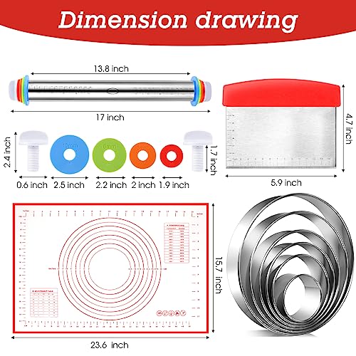 Dandat Rolling Pin Set with Adjustable Rings Baking Mat Cutters, Red - color: Red