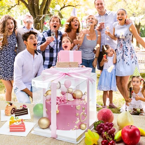 BURLIHOME 8x8x10 Clear Cake Boxes,Square Cake Carrier with Ribbon,5 Pack