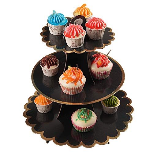 YLDW Cupcake Stand with Lace Trim, 3-Tier Cupcake Stand Display, Cardboard Cup Cake Tower Stand, Disposable Dessert Stand for Birthday Tea Party Baby Shower Treat Decorations, Black - color: Black-2