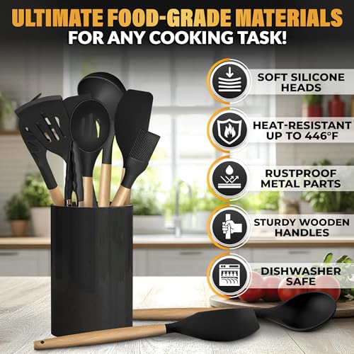 14 Pcs Kitchen Utensils Set with Holder, Beech Handles (Black)