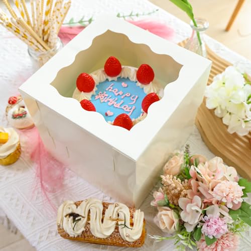 Moretoes 10pcs 8"x8"x8" Cake Boxes with Window, White Bakery Dessert Boxes