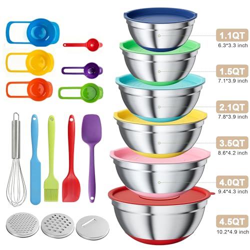 ENVTEK Stainless Steel Mixing Bowls Set with Lids,Silicone Bottoms,Colorful - color: Colorful