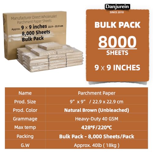 9x9-8000 Bulk Sheets - Commercial Parchment Paper Squares - color: Brown, size: 9"x9" (22.9x22.9cm) - 8000 sheets