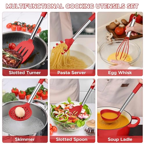 Onader 10 Pieces Silicone Kitchen Utensils Set, Cooking Utensils with Holder and Heat Resistant Stainless Steel Handle for Nonstick Cookware -Red - color: Red