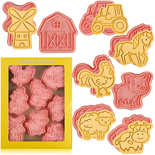 Farm Cookie Cutters Set, 8 Pcs Cookie Cutter with Plunger Stamps - color: Farm Cookie Cutters With Plunger Stamps