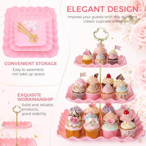 6 Pack of Plastic Square Dessert Cupcake Stand, 3 Tier Pink Cup Cake Holder Display Tower Dessert Tiered Serving Trays for Wedding Birthday Baby Shower Tea Party Decorations