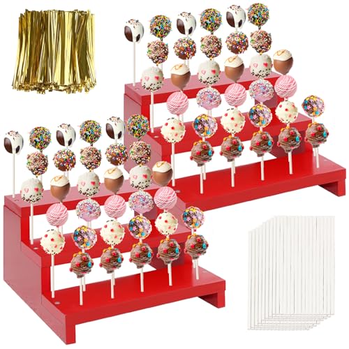 Wooden Cake Pop Stand, 2 Pcs 33 Hole Lollipop Holder for Wedding Birthday - color: Red-2P
