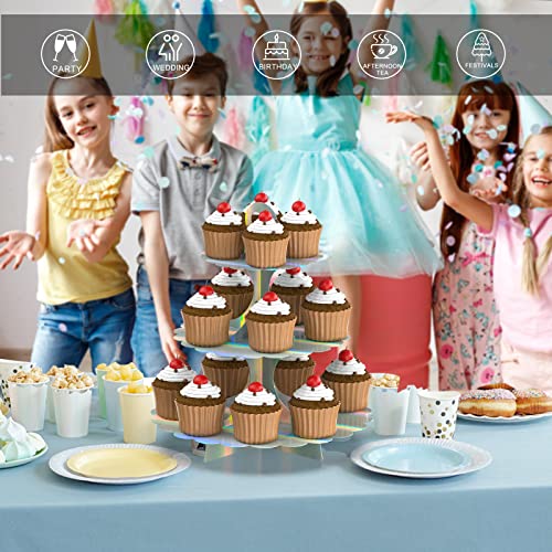 3-Tier Laser Silver Cupcake Stand, 2-Pack Heart Handle Dessert Display Tower, Quick Easy Assembly, Easy Clean for Wedding Birthday Graduation Baby Shower Party Supplies - color: Rainbow Silver 2 Pack