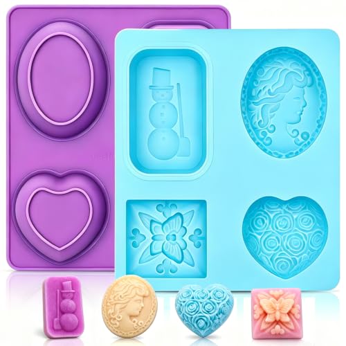 SJ 3D Silicone Craft Mold Set, 2-Pack 4-Cavity Soap & Craft Molds - color: Purple+Blue / 3D Flower Pattern