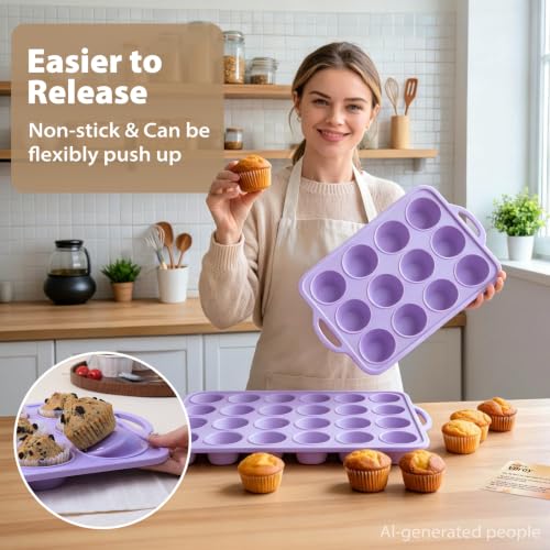 Silicone Muffin Pan Set: Non Stick 12 & 24 Silicone Muffin Pans for Baking - color: Purple, size: Regular & Mini: 12 Cup & 24 Cup