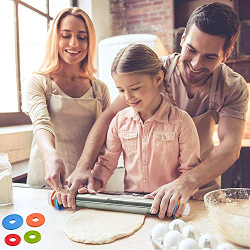 Rolling Pin and Silicone Pastry Mat Set with Adjustable Thickness Rings
