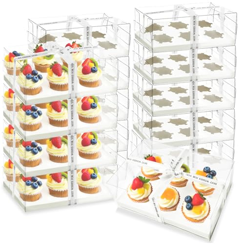 15 Pack Clear Cupcake Boxes, 6 Compartment Cupcake Container Set, Stackable Plastic Dessert Box with Gift Ribbon for Muffins, Macarons, Cookies, Dessert, Party(10.5 x 7.08 x 4 Inches)