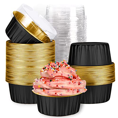 Mini Aluminum Foil Cupcake Baking Cups with Lids (40pcs, 5oz) Round Cupcake Foil Liners Tart Pie Tin Pan Holder - Disposable Mini Cake Containers Flan Molds for Pudding, Souffle, Party, Wedding - color: Black