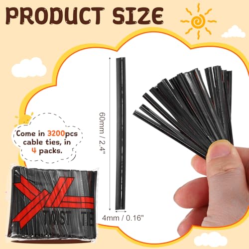 HARFINGTON 1600Pcs Bag Twist Ties 2.4" Reusable Metallic Wire Cable Ties - color: Black