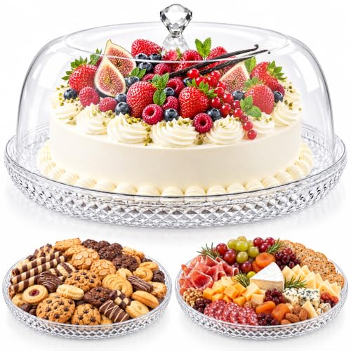 AVLA Acrylic Cake Plate with Dome, 13 Inch Cake Stand with Cover, Diamond Pattern Serving Platter with Lid for Display, Party, Entertaining, Diamond Shaped Handle