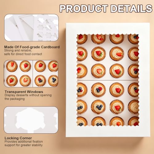 20 Pack Cupcake Boxes, 24 Count White Standard with Window & Inserts, Easily Assemble Food Grade Cupcake Boxes with Clear Window for Weddings, Birthdays & Home Storage - color: White (20 Pack)