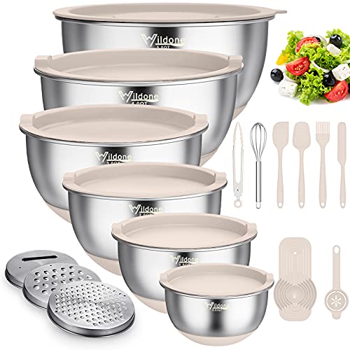 Wildone Mixing Bowls with Airtight Lids, Stainless Steel Mixing Bowls Set - color: Khaki