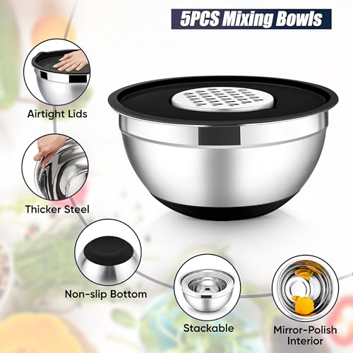 E-far Stainless Steel Mixing Bowls with Lids Set, 5-Piece, Black - color: Black, size: 5 Regular Sizes