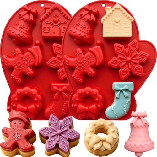 2 Pack Large Christmas Silicone Molds, Holiday Baking Molds for Chocolate Gingerbread Man House Bell Snowflake Wreath Stocking Silicone Mold for Candle Soap Mini Cake Jelly Ice Cube Xmas DIY Crafts - color: Red
