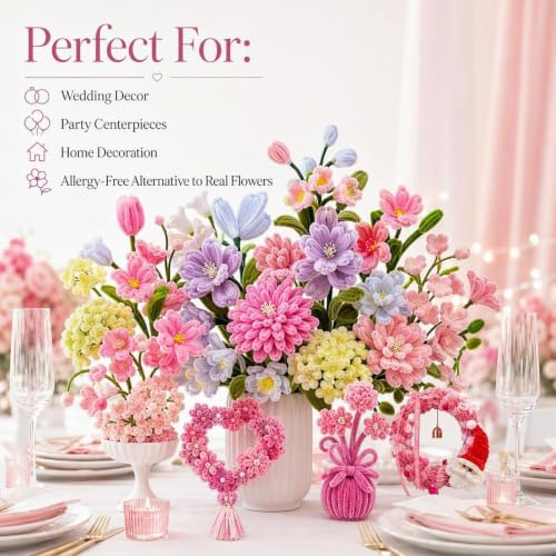 976PCS Pink Pipe Cleaner Flower Kit,7 Colors Soft Chenille Stems - color: Pink colour