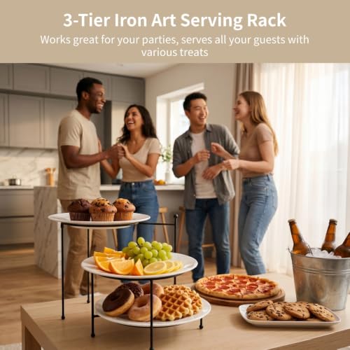 3 Tier Serving Stand, 10.25 in Metal Display Holder with 3Pcs 10 in White Melamine Plates, Black Metal Dessert Tray for Party, Snack, Fruit, Home Buffet Table