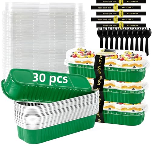 30 Pack 6.8oz Christmas Green Disposable Rectangular Aluminum Foil Mini Loaf Pans with Lids,Mini Cake Pans for Baking, Loaf Baking Pans, Small Individual Containerfor for Patrick’s Day Party Picnics - color: Green