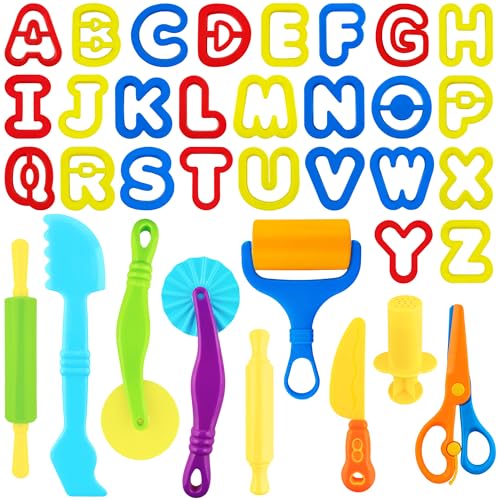 Dough Tools 35pcs Dough Tools Play for Kids Clay Accessories with Rolling Pins,Letter Cutters,Roller,Safety Scissors,Plastic Knife - color: Letter