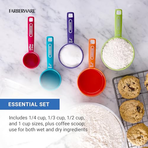 FARBERWARE 5-Piece Measuring Cup Set with Coffee Scoop, Durable Plastic Nesting Measuring Cups with Easy-Read Markings, BPA-Free, Dishwasher Safe - style: Cups