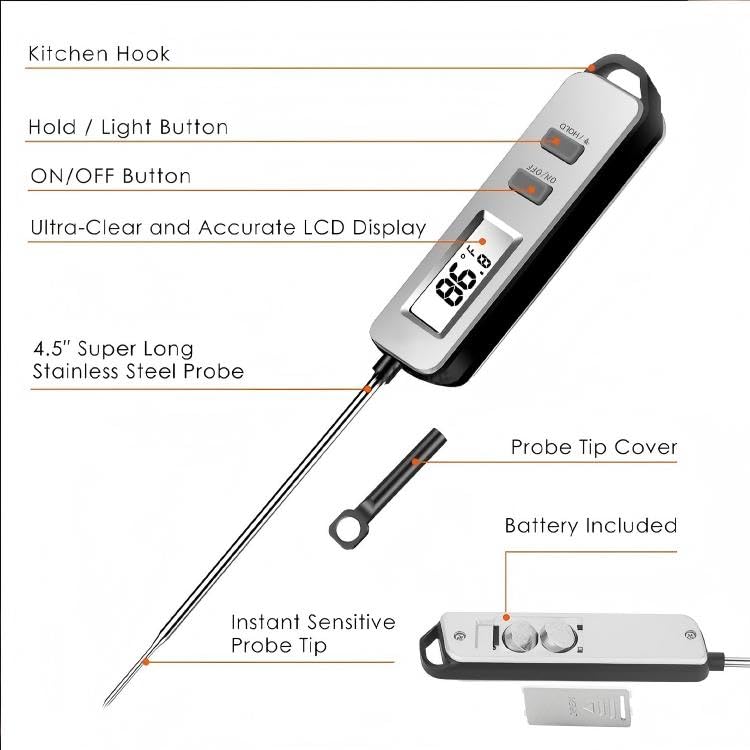 Digital Meat Thermometer, Paysean Instant Read Food Thermometer with 5.2" Probe, ±1°C High Accuracy Cooking Thermometer Auto-Off, LCD Display, for Kitchen, BBQ, Baking, Sourdough, Candy Making