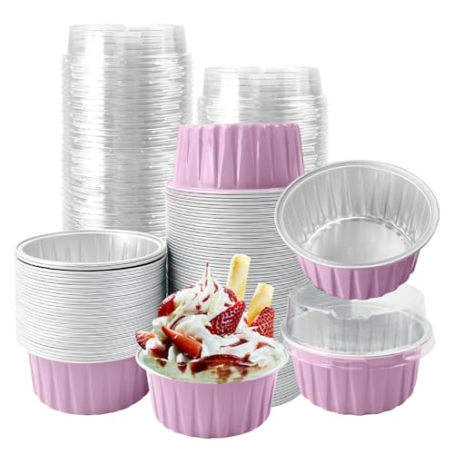 100Pcs Aluminum Cups with Lids,5oz Disposable Ramekin Baking Cups Muffin Liners Mini Pie Pans Foil Cupcake Containers for Christmas Party Wedding,Pink - color: Pink