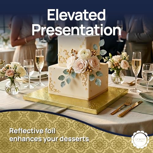 O’Creme Cake Board, Gold Foil Square Cake Drum with Gorgeous Design, Sturdy & Durable 1/2” Thick Cake Drums, Square Cake Boards 24” x 24” Inch, Pack of 5 Disposable Cake Drums - color: Gold, size: 24" x 24"