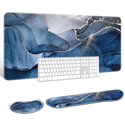 Large Mouse Pad with Wrist Rests for Keyboard & Mouse, Thick Soft Ergonomic Memory Foam Wrist Supports, Big & Long Desk Mat 35.5 x 15.7 in, for Office Gaming Computer, Ink Navy Marble - color: Ink Navy Marble