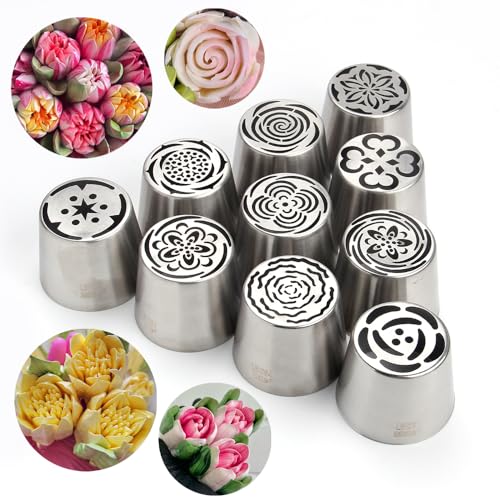 10 Pieces Extra Large Stainless Steel Seamless Russian Piping Tips Set - color: SILVER SET3
