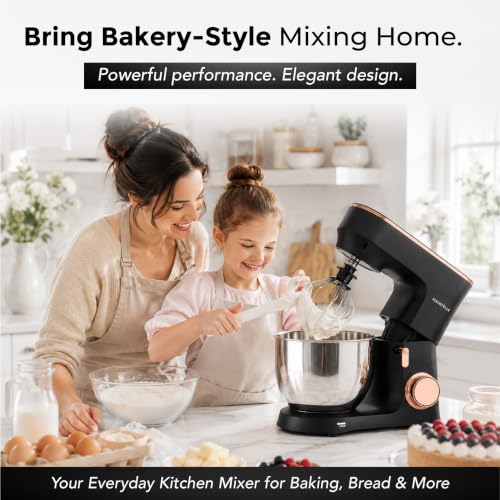 KOCHSTELLE Black Electric Stand Mixer 6.8 Quart Qt, 660W, 6-Speed Adjustable, Stainless Steel Planetary, Portable, Compact & Elegant Kitchen Mixer for Baking & Cooking