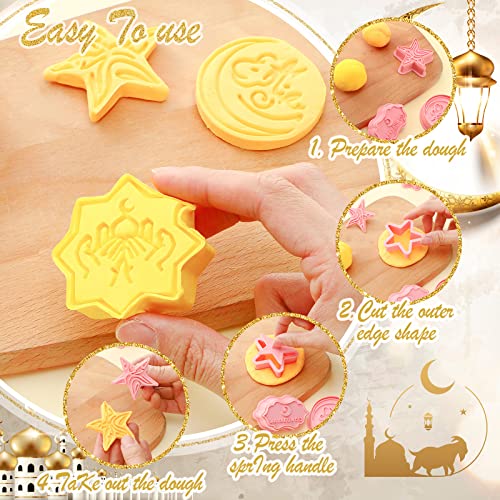 16 Pieces Eid Mubarak Cookie Cutters with Plunger Stamps Set Ramadan Islamic Muslim Biscuit Mold Star Lantern Moon 3D Cookie Stamper Mini Ramadan Plastic DIY Tools for Baking Fondant Supplies