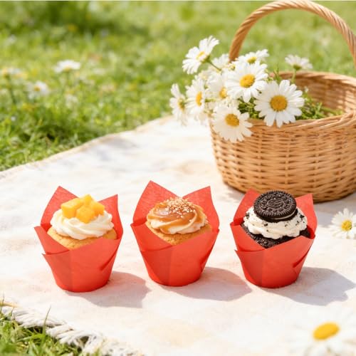 50 Pcs Red Tulip Cupcake Liners for Baking, Muffin Liners - color: Red