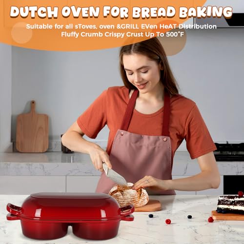 Double Dutch Oven for Sourdough Bread Baking, 2.6QT (Red) - color: Red