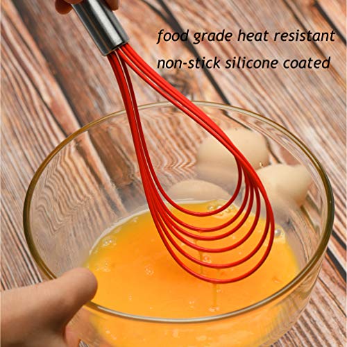 Flat Whisk Set,Stainless Steel 3 Pack 10''+11''+12'' Premium Sturdy-6 Silicone Heads Non Stick Wires Whisk for Blending Beating Stirring Kitchen Cooking Color Red by Jell-Cell - color: Red