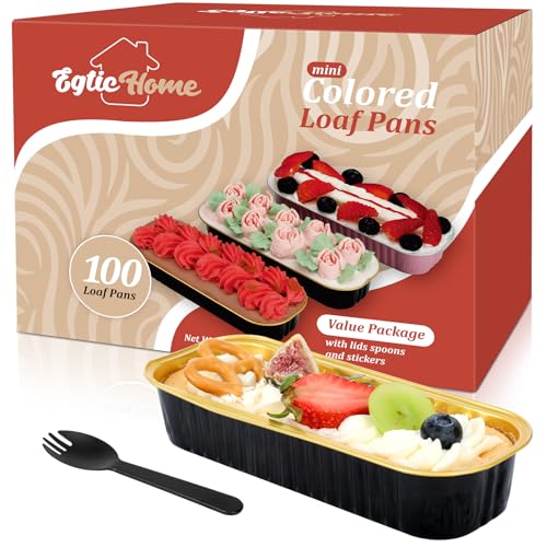 Mini Loaf Pans with Lids and Spoons (100 Pack, Black-gold, 6.8oz) Rectangular Aluminum Foil Baking Pans - color: Black-gold