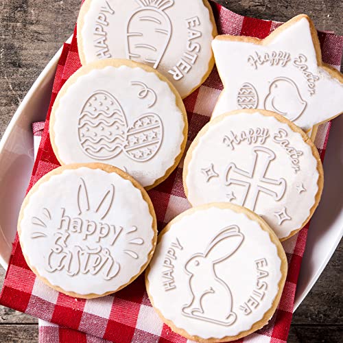 Zubebe 6 Pcs Happy Easter Fondant Stamp Cookie Stamp Embosser Mini Mould Cake Fondant 3D Design Cookie Embosser for Party Supplies Kitchen DIY Baking Tools - style: Happy Easter