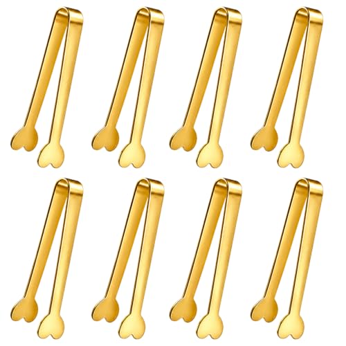 8 PCS Gold Mini Serving Tongs, 4.88 Inch Small Metal Kitchen Charcuterie Tongs, Stainless Steel Sugar Cube Ice Tong for Coffee Bar, Tea Party, Desserts Party, Ice Bucket and Sugar - color: Gold 8PCS