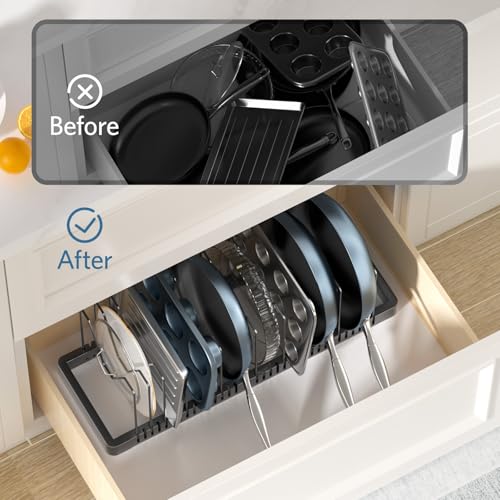 PanPanPal Pots and Pans Organizer under Cabinet, Expandable Pot Lid Organizer Holder with 10 Adjustable Compartment, Pan Organizers inside Cabinet for Lids, Bakeware, Kitchen Storage Pot Rack, Black - size: 10 Dividers
