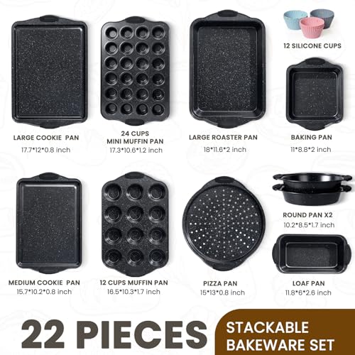Kikcoin 22 PCS Nonstick Baking Pans Set, Stackable Bakeware Sets with Silicone Handles, 450°F Oven Safe Baking Sheet set, Easy Release Cookie Sheets for Baking, Black - color: Black