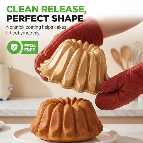NutriChef Spring Water Fluted Cake Pan, Extra Thick Non-Stick Aluminum Baking Pan, Even Baking and Browning, Oven Safe, PFOA Free, Perfect for Cakes, Bread, and More, 9.4” x 4.2” - style: Spring Water