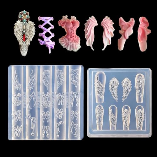 Angelic Wings 3D Nail Art Mold Feather Bowknot Ballet Shoes Silicone Template for Elegant Resin Manicure Charms - color: Angelic Wings Elegance