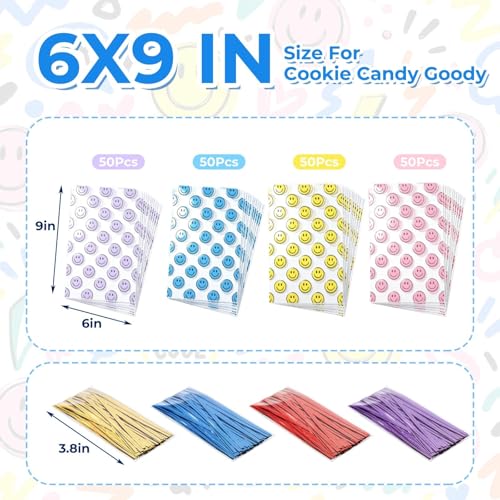 Happy Face Cellophane Bags 200 Pack, Goody Bags with Ties, Treat Gift Bags - color: 200Pcs Yellow Red Purple Blue