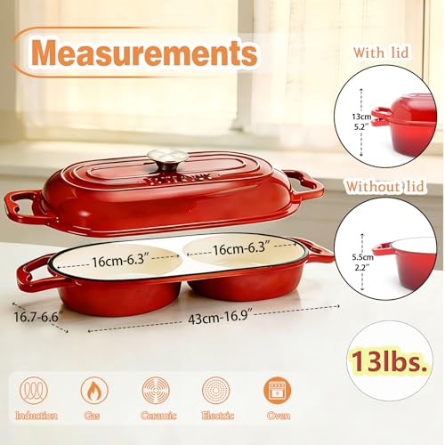 DIY Double Dutch Oven for Sourdough Bread Baking – Enamel Cast Iron Bread Baker with Lid, Bake Two Different Loaves at Once, 500°F Oven Safe, Includes 2×6" Banneton Proofing Baskets - color: Red
